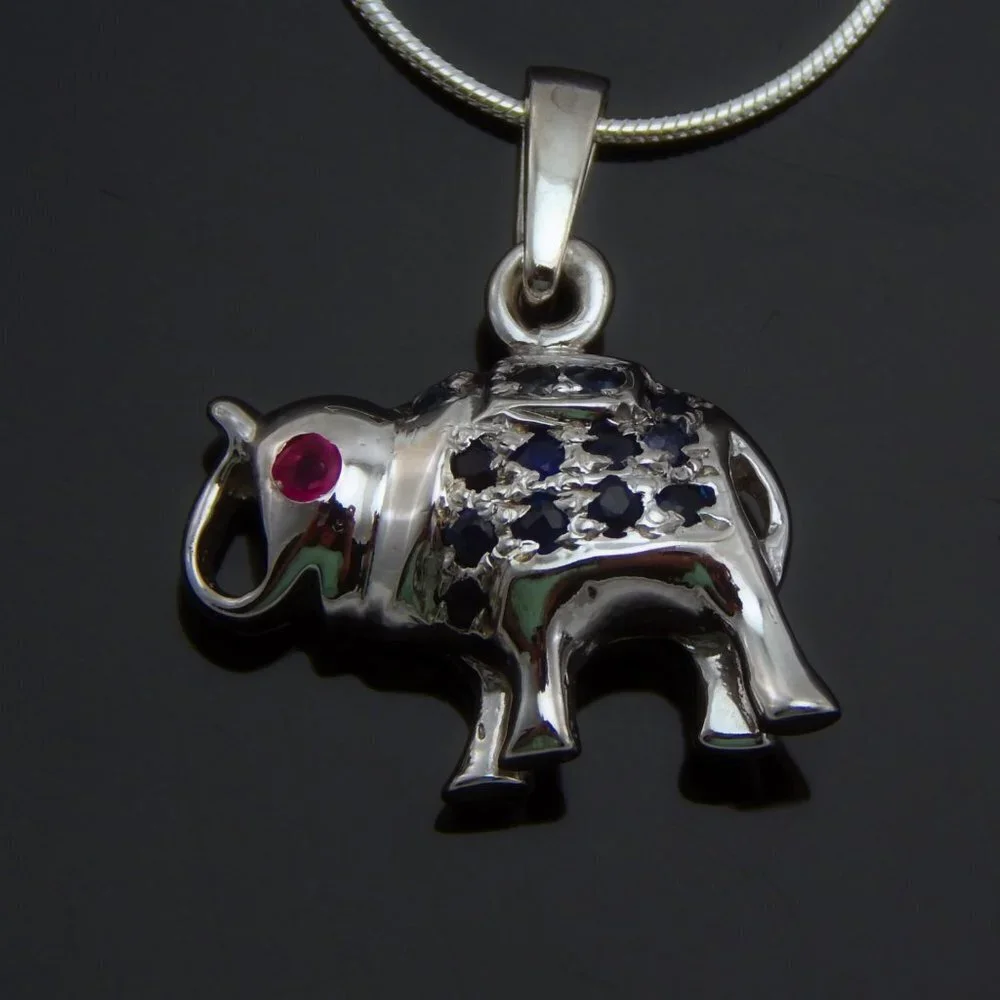 Genuine Ruby and Sapphire Lucky Elephant Necklace in 925 Sterling Silver